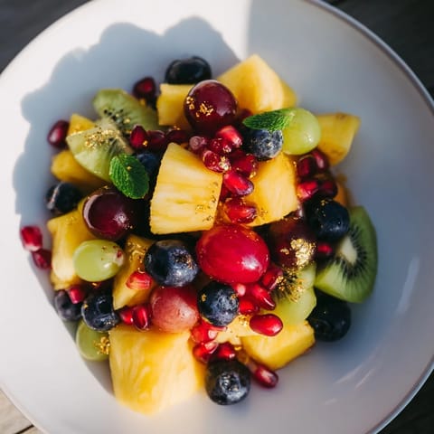 This Three Kings Royal Fruit Platter presents a beautiful arrangement of fruit, perfect for an elegant dessert.