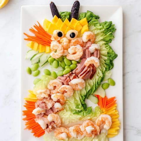 Imagine the beautifully arranged Lunar New Year Dragon Platter with flavorful Asian bites.