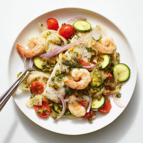 Enjoy the delicious "Plongeons dans l'Océan Poisson Bleu": baked seafood dish with plump shrimp and fresh herbs.