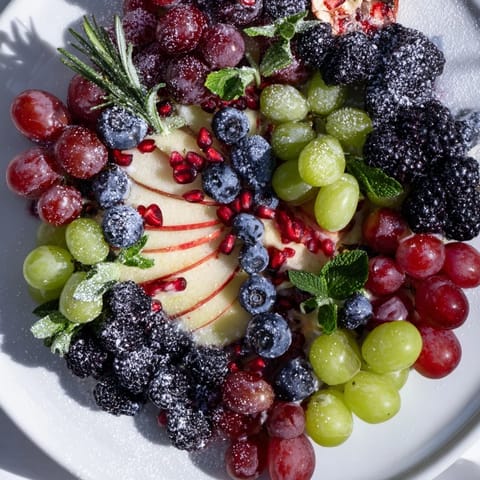 Vibrant Winter Berry Wreath Fruit Board overflowing with red grapes, blueberries, and a fresh rosemary garnish for holidays.