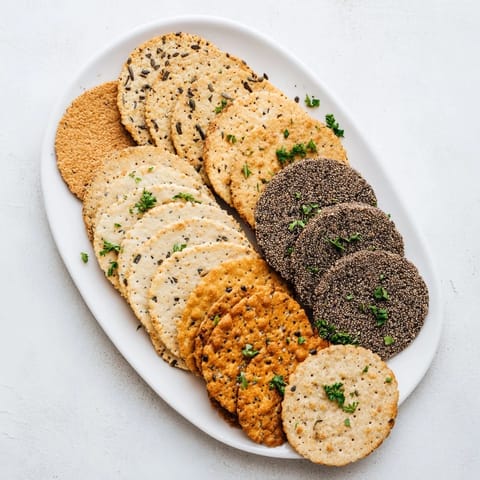 Gourmet crackers fan, arranged on a platter, ready to be paired with cheese and dips for snacking.
