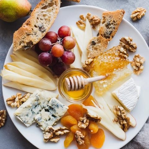 This Honeycomb, Honey & Cheese Board features creamy brie and a sweet floral honey for a lovely appetizer.
