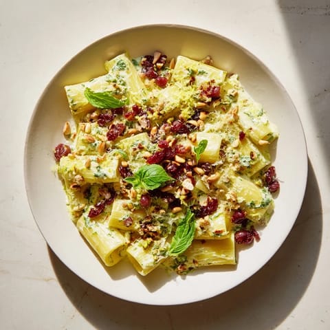 A close-up view of Pasta with Roasted Grapes, vibrant with fresh herbs and creamy ricotta.