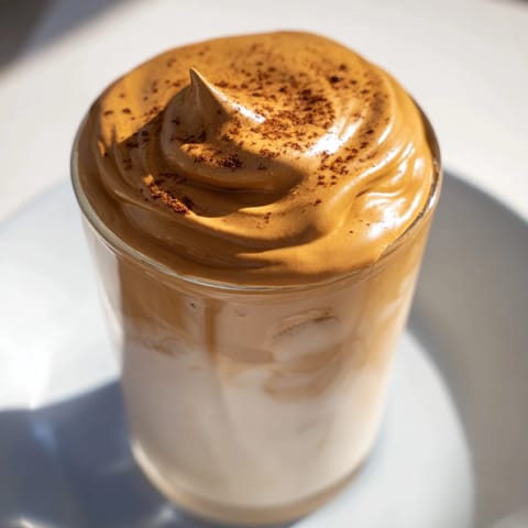 Thick and airy whipped brown sugar Dalgona coffee rests on a chilled glass of milk, refreshing.