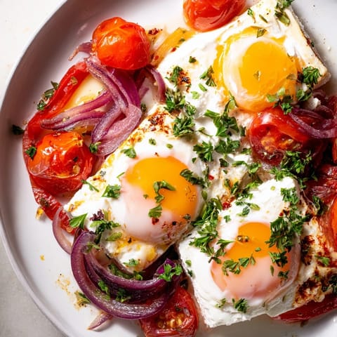 Golden-topped Mediterranean Baked Feta & Eggs, served with fresh parsley and crusty bread.