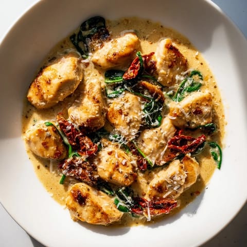 A close-up shot of Creamy Tuscan Chicken, showcasing the tender chicken, creamy sauce, and fresh spinach.