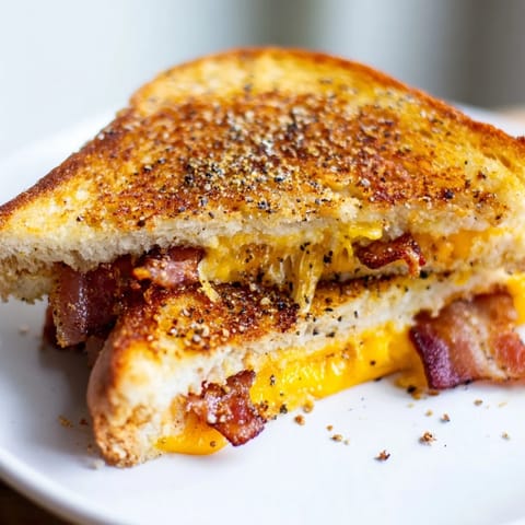 Indulge in a warm, flavorful Crispy Bacon Cheddar Grilled Cheese, with bacon and cheese perfectly melted.