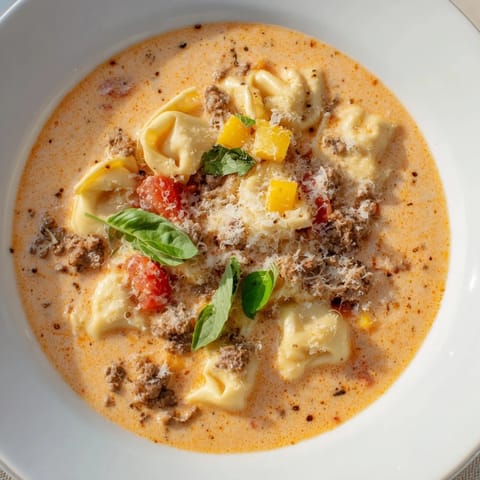 A close-up of a bowl brimming with creamy Tortellini Beef Soup, ready to warm you.