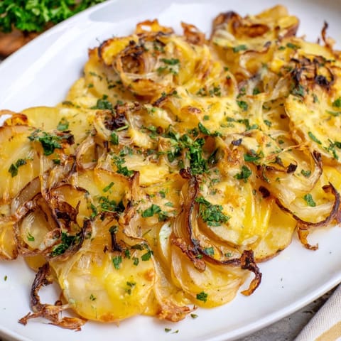 A close-up of delicious French Onion Soup Potatoes, a comforting vegetarian side, ready to eat.