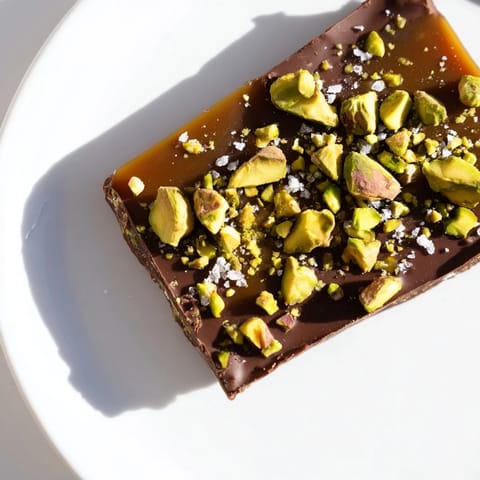Close-up of Pistachio Salted Caramel Bark, a crunchy, sweet & salty treat perfect for gifting.