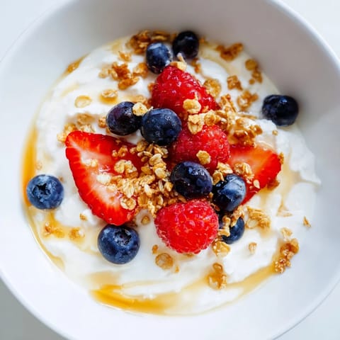 Sweet and savory Cottage Cheese Hot Honey Bowl, topped with vibrant berries and crunchy granola ready to enjoy.
