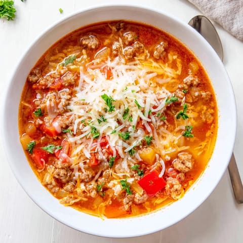 Cozy ladle of savory pizza soup topped with melted cheese and fresh basil garnish.  