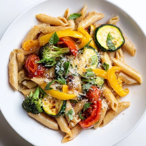 Close-up of Pasta Primavera showing glossy pasta, charred vegetables, and freshly grated Parmesan on top.  