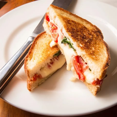 Fresh basil and tomato slices layer into a classic Tomato Basil Grilled Cheese, melty and warm.  