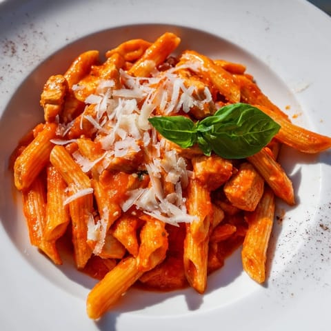 Fresh basil garnishes this hearty Tomato Basil Chicken Pasta, served in a white bowl with a sprinkle of Parmesan cheese.