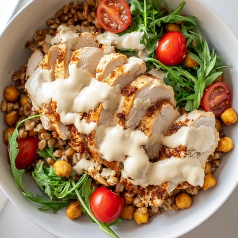 Vibrant Mediterranean-inspired bowl featuring golden roasted chicken and chickpeas, mixed with farro and vegetables, drizzled with zesty lemon tahini sauce.