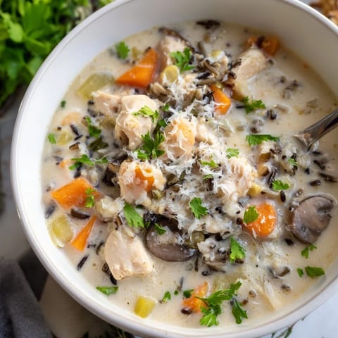 Hearty spoonful of Parmesan Mushroom Chicken and Wild Rice Soup showing tender chicken, mushrooms, and creamy broth.
