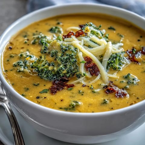 Roasted vegetables are blended into a velvety soup enriched with sharp cheddar, garnished with fresh broccoli.