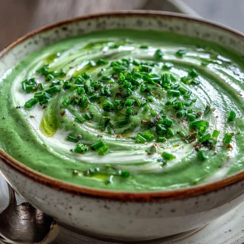 A bowl of velvety Cream of Broccoli Soup garnished with a swirl of cream, served on a rustic table.