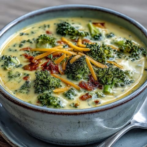 A bowl of hearty Roasted Broccoli Cheddar Soup topped with extra sharp cheddar and a sprinkle of thyme.