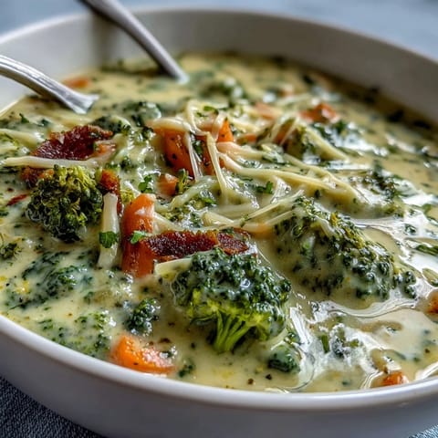 Steam rises from velvety Broccoli Cheddar Soup served with fresh artisan bread.