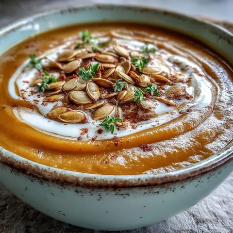 Creamy Butternut Squash and Apple Soup garnished with thyme in a rustic bowl.