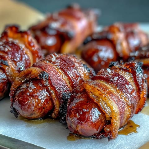 Platter of Bacon-Wrapped Smokies served warm with toothpicks, perfect for a crowded game-day table.