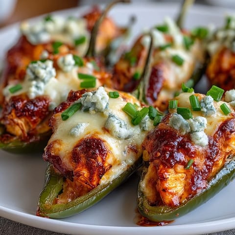 Baked Buffalo Wing Poppers featuring spicy baked jalapeño halves filled with creamy blue cheese and shredded chicken for game day.