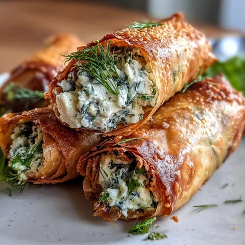 Golden Spanakopita Spring Rolls sit beside a creamy white yogurt-dill dip and fresh lemon wedges.