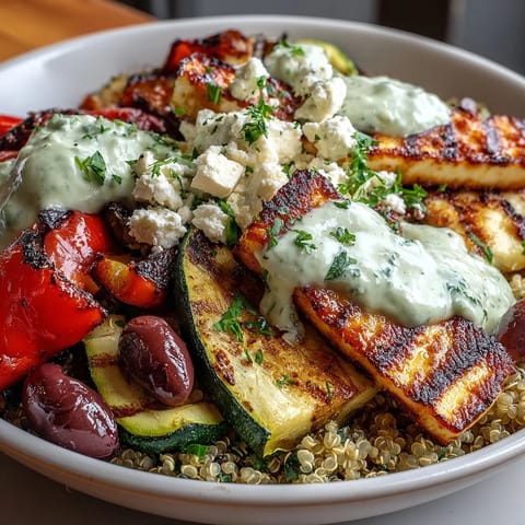 Sizzling Healthy Grilled Mediterranean Bowl featuring smoky eggplant, zucchini, and halloumi with cooling tzatziki.