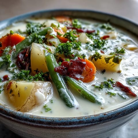 Steaming bowl of Amish Snow Day Soup garnished with fresh parsley, served beside crusty artisan bread for dipping.