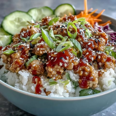 Freshly sliced carrots, cucumbers, and cabbage top fluffy rice and seasoned turkey for Bang Bang Ground Turkey Rice Bowls.