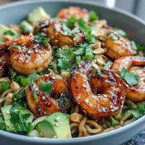 Vibrant Grilled Shrimp Asian Noodle Bowl garnished with fresh cilantro and peanuts over chilled sesame noodles.  