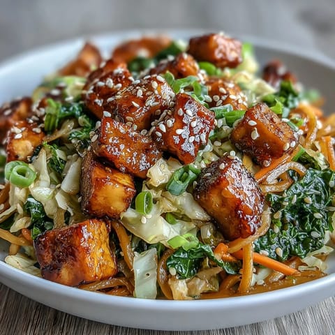 Golden, crispy tofu cubes, sautéed cabbage, and carrots stir-fried for a quick Tofu Egg Roll in a Bowl. 