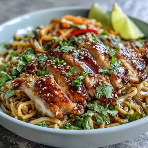 This vibrant Asian Chicken Noodle Bowl features sliced chicken, crunchy vegetables, and herbs, drizzled with a savory-sweet sauce.