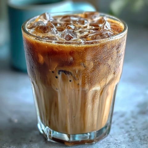 A close-up of an Iced Hojicha Latte garnished with a light dusting of hojicha powder on a rustic wooden table.