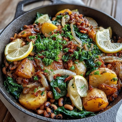 A close-up of Black-Eyed Pea Skillet Dinner featuring sweet onions, smoked paprika, and fresh parsley garnish.