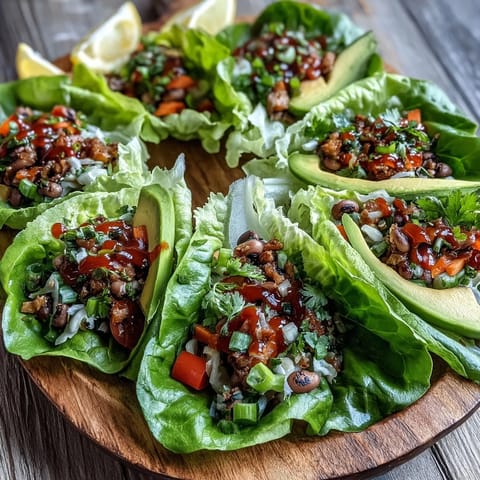 These easy Black-Eyed Pea Lettuce Wraps feature seasoned legumes, diced vegetables, and creamy avocado slices ready to be folded into romaine.