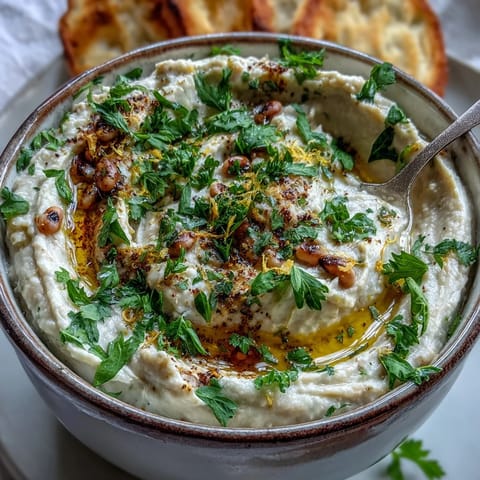 A rustic serving of Smashed Black-Eyed Peas topped with olive oil, paired with pita chips and cucumbers.