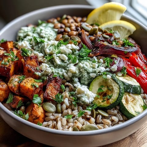 Golden roasted vegetables and black-eyed peas atop a bed of nutty farro in a grain bowl.