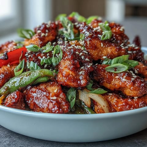Spicy Sweet Chicken Diablo tossed with crisp vegetables and sesame seeds, ready to serve over fluffy jasmine rice.