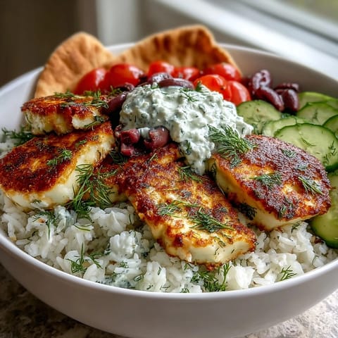 A vibrant Greek Halloumi Power Bowl featuring warm pita wedges and colorful Mediterranean toppings.