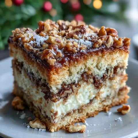 Frosted Christmas Toffee Crunch Cake sliced on a festive plate with toffee bits and holiday garnish nearby.