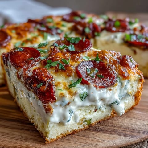 Golden-brown High-Protein Pizza Breakfast Casserole, topped with turkey pepperoni and melted mozzarella, fresh from the oven.