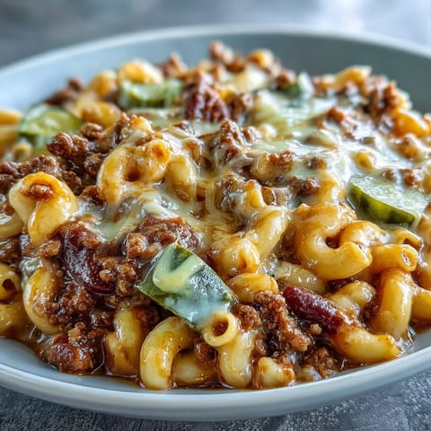 Cavatappi pasta and shredded sharp cheddar cheese melting into a creamy One-Pan Cheeseburger Chili Mac skillet meal.