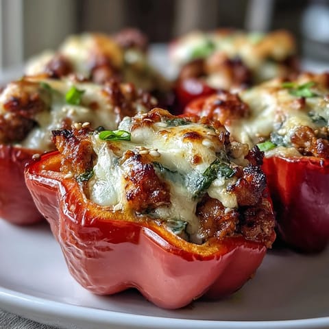 Pepper halves holding savory Korean turkey blend, baked until tender with bubbling golden cheese on top.