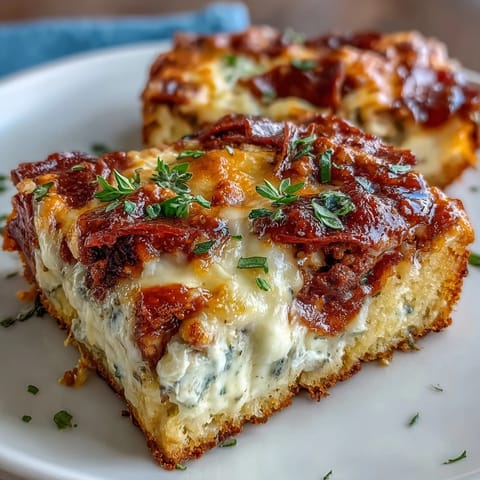 Freshly baked High-Protein Breakfast Casserole with golden cheese and turkey pepperoni, served warm on a rustic cutting board.