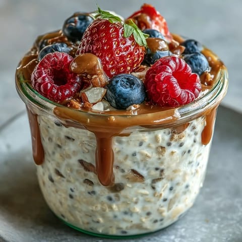 Overnight oats topped with a swirl of almond butter and fresh raspberries, offering a creamy and nourishing start to your morning routine.