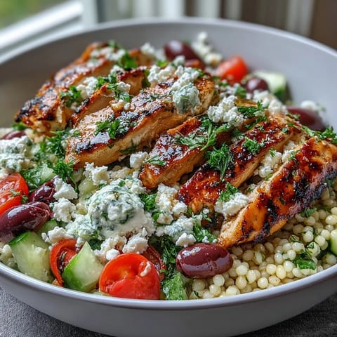 A fork holds a bite of Mediterranean Pearl Couscous Chicken Bowls, showcasing cucumbers, tomatoes, and Kalamata olives.