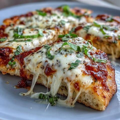 Golden naan bases are brushed with garlic butter and topped with tangy marinara sauce.